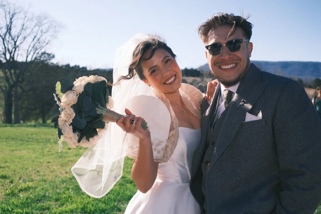 Bride and groom laughing together at their wedding in Luray, Virginia